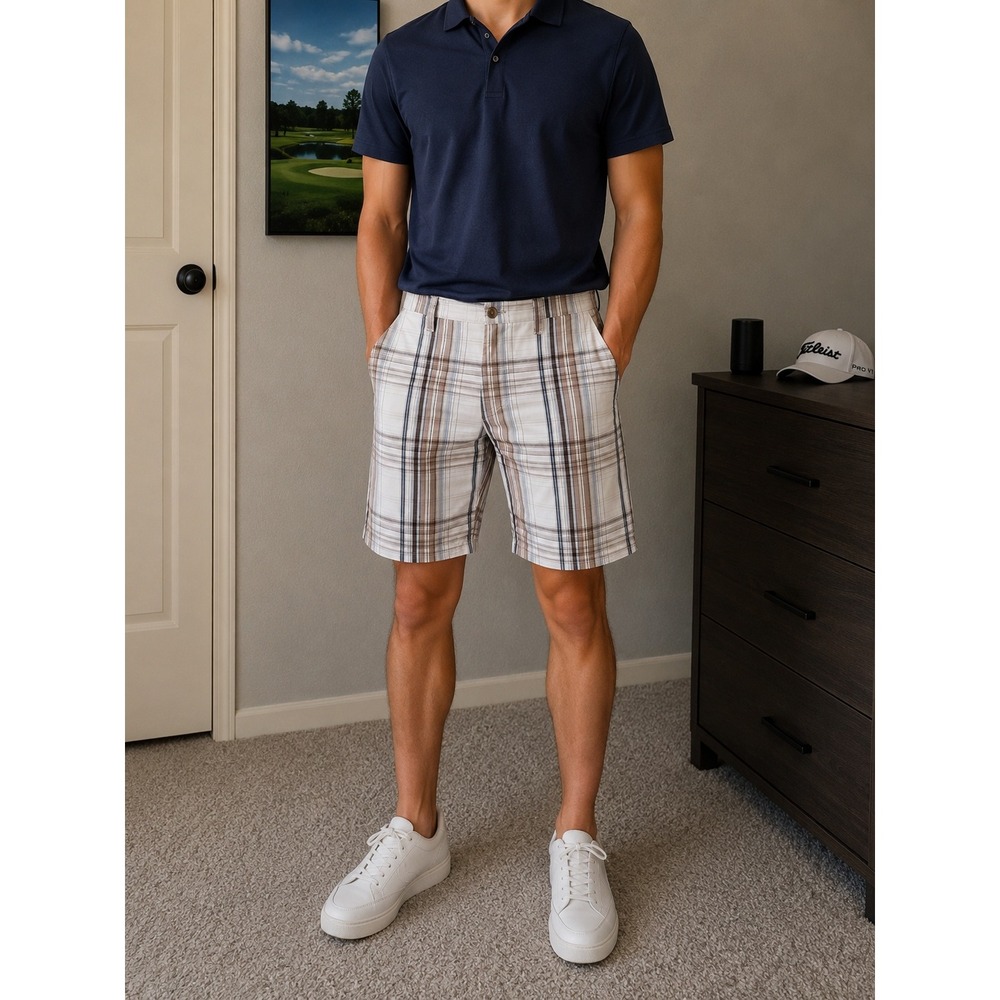Arizona Jean Co Men Plaid Shorts Size 32 White Brown Blue Flat Front Cotton